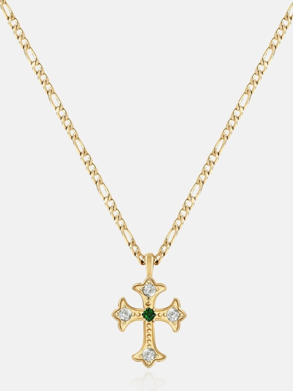 Gold Cross Pendant Necklace with Green Accent - Women Jewelry